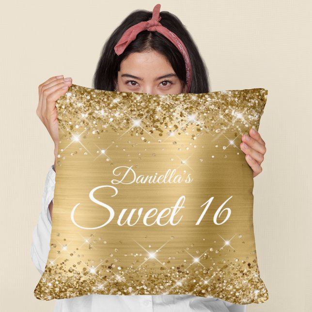 Sparkly Gold Glitter and Foil Sweet 16 Cushion (Sweet Sixteen Birthday Gift)