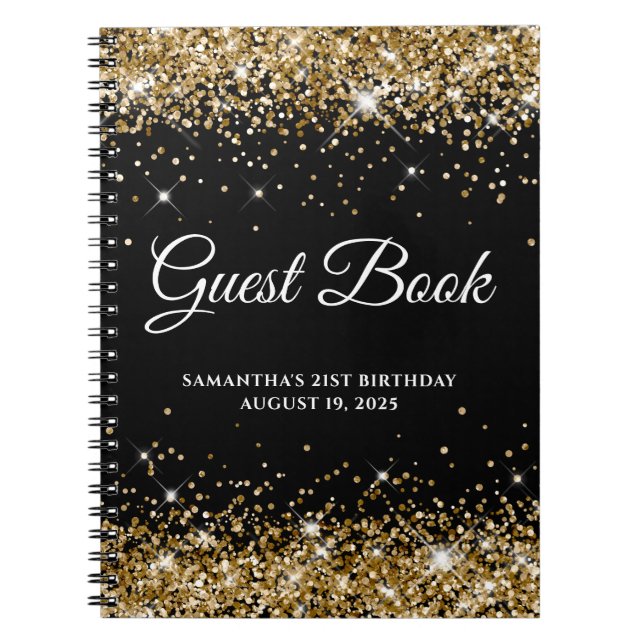 Sparkly Gold Glitter Black 21st Birthday Guestbook Notebook (Front)