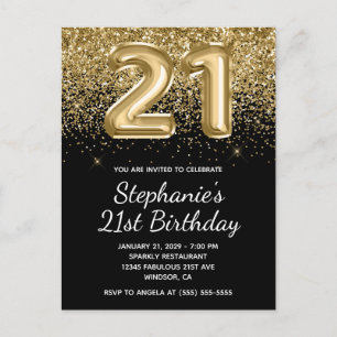 Sparkly Gold Glitter Black Balloon 21st Birthday Invitation Postcard