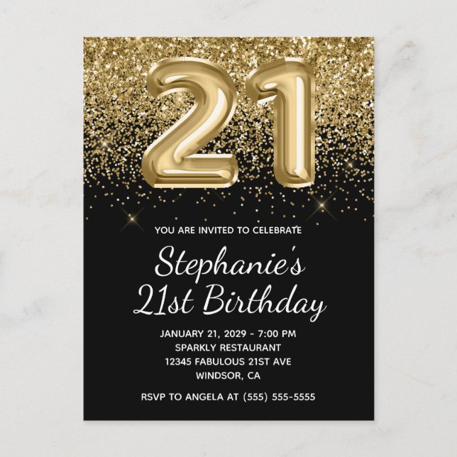 Sparkly Gold Glitter Black Balloon 21st Birthday Invitation Postcard (Front)
