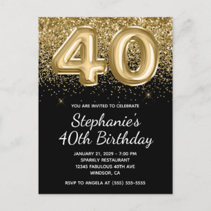Sparkly Gold Glitter Black Balloon 40th Birthday Invitation Postcard