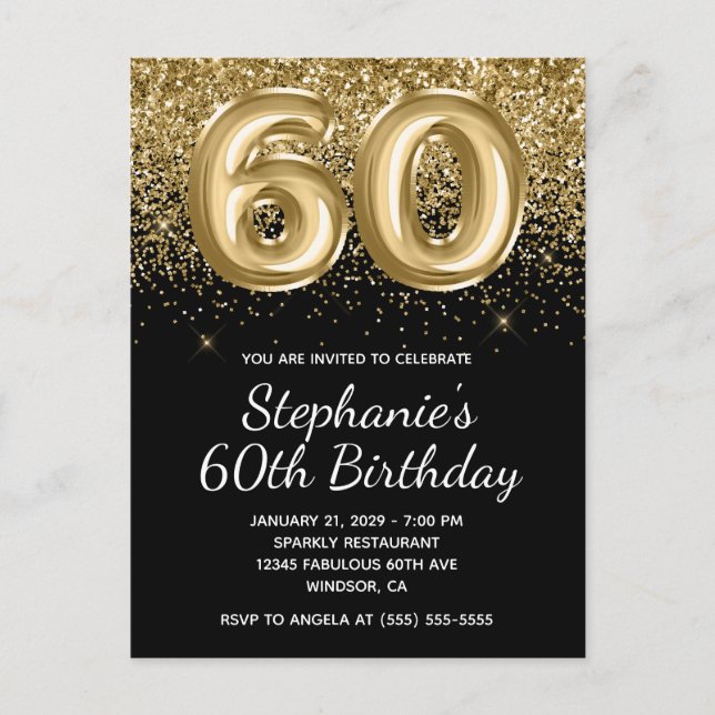 Sparkly Gold Glitter Black Balloon 60th Birthday Invitation Postcard (Front)