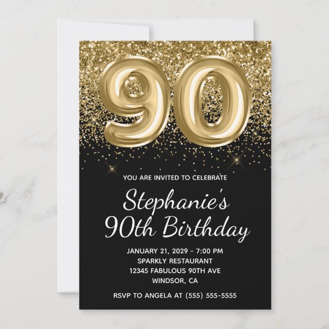 Sparkly Gold Glitter Black Balloon 90th Birthday Invitation (Front)