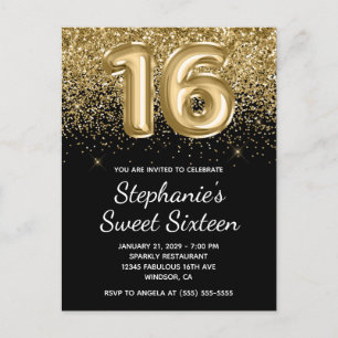 Sparkly Gold Glitter Black Balloon Sweet Sixteen Invitation Postcard