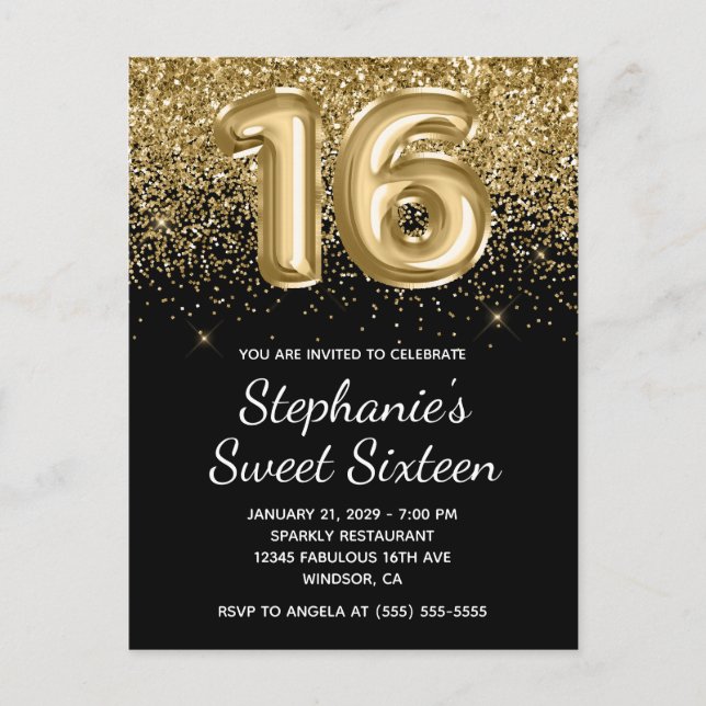 Sparkly Gold Glitter Black Balloon Sweet Sixteen Invitation Postcard (Front)