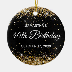 Sparkly Gold Glitter Black Foil 40th Birthday Ceramic Ornament
