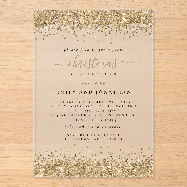 Sparkly Gold Glitter Borders Christmas Party Acrylic Invitations (Front)