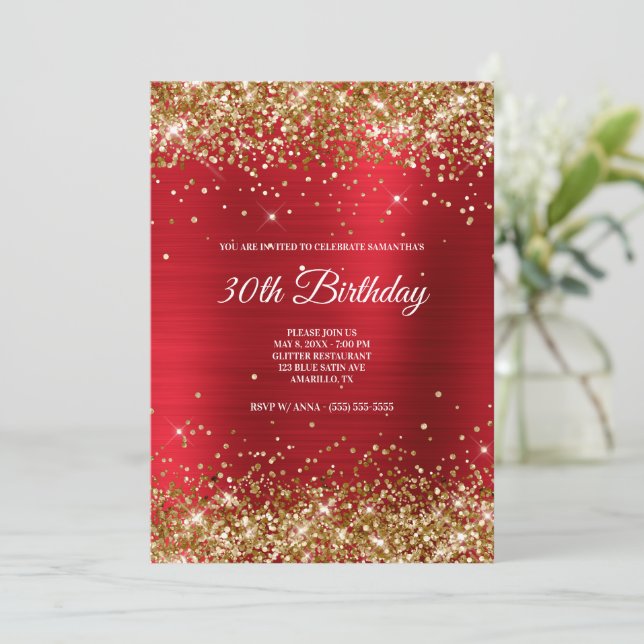 Sparkly Gold Glitter Bright Red Satin Foil Invitation (Standing Front)