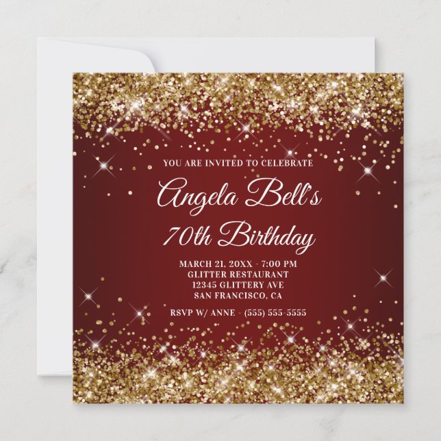 Sparkly Gold Glitter Dark Red 70th Birthday Invitation (Front)