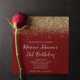 Sparkly Gold Glitter Deep Red 21st Birthday Invitation