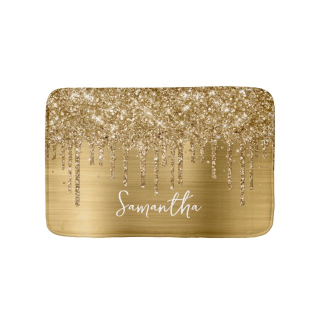 Sparkly Gold Glitter Drips Glam Name Bath Mat (Front)