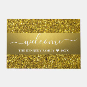 Sparkly Gold Glitter Family Name Welcome  Doormat