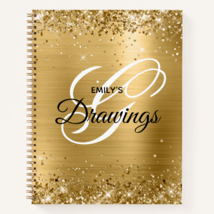 Sparkly Gold Glitter Foil Monogram Drawing Notebook