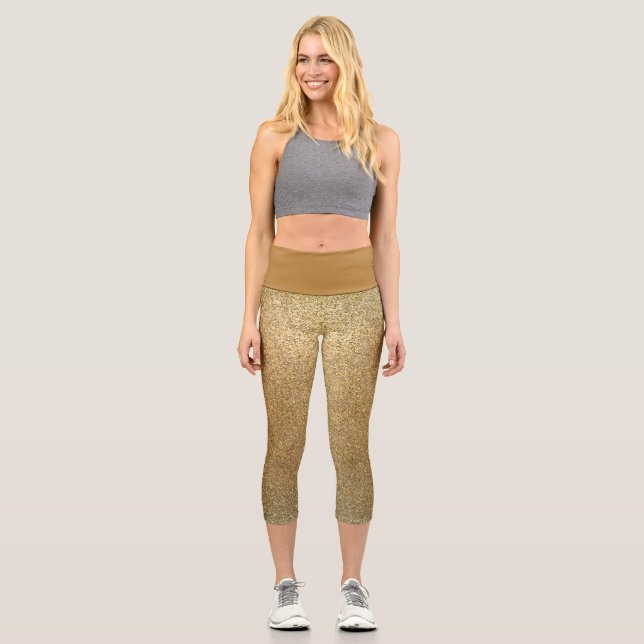 Sparkly Gold Glitter Fun Yoga Exercise Capri Leggings (Front)