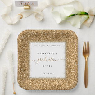 Sparkly Gold Glitter Name Graduation Party  Paper Plate