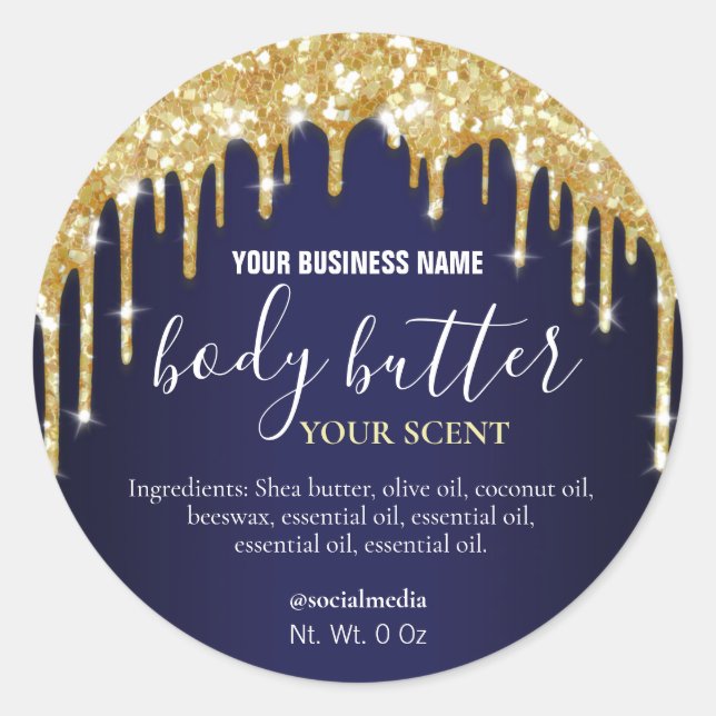 Sparkly Gold Glitter Navy Blue Body Butter Labels (Front)