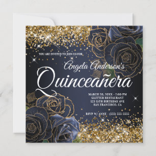 Sparkly Gold Glitter Navy Blue Rose Quinceañera Invitation
