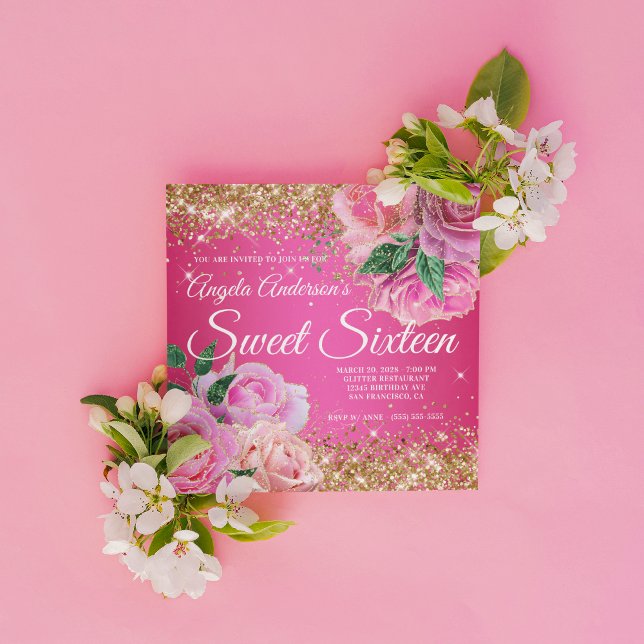 Sparkly Gold Glitter Pink Rose Glam Sweet 16 Invitation (Create your own Sweet 16 birthday invitation for her.)