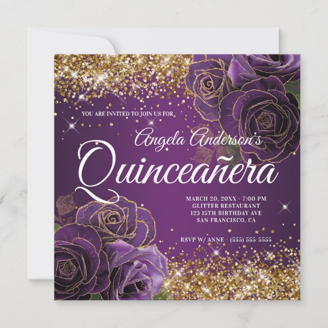 Sparkly Gold Glitter Purple Rose Quinceañera Invitation (Front)