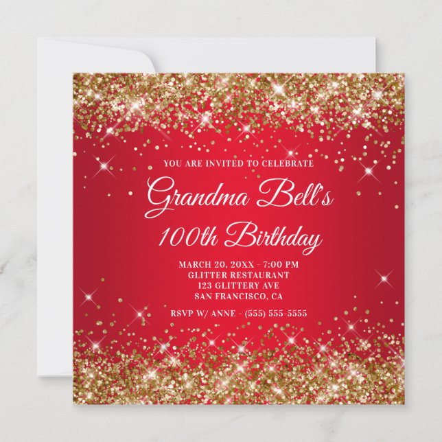 Sparkly Gold Glitter Red Ombre 100th Birthday Invitation (Front)