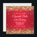 Sparkly Gold Glitter Red Ombre 80th Birthday Invitation<br><div class="desc">An elegant fancy monogram 80th birthday invitation for her. Faux gold glitter girly glam with sparkles against a dark and bright red ombre graphic image. The fancy classic flourish calligraphy monogram on the back can be customised. A lovely invite for your great grandmother on her eightieth milestone birthday. All the...</div>