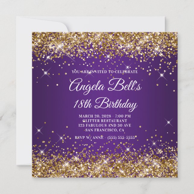 Sparkly Gold Glitter Royal Purple 18th Birthday Invitation (Front)