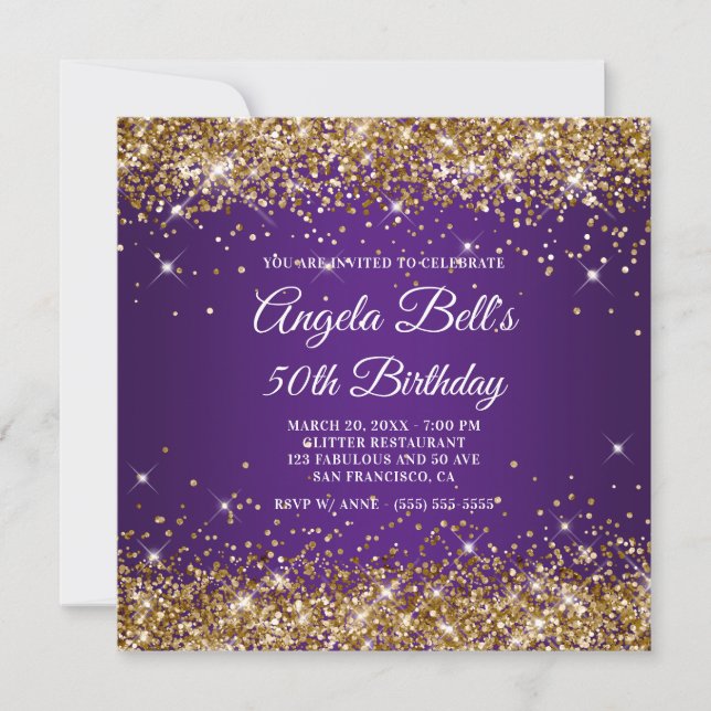 Sparkly Gold Glitter Royal Purple 50th Birthday Invitation (Front)