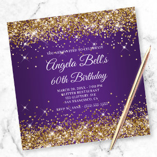 Sparkly Gold Glitter Royal Purple 60th Birthday Invitation