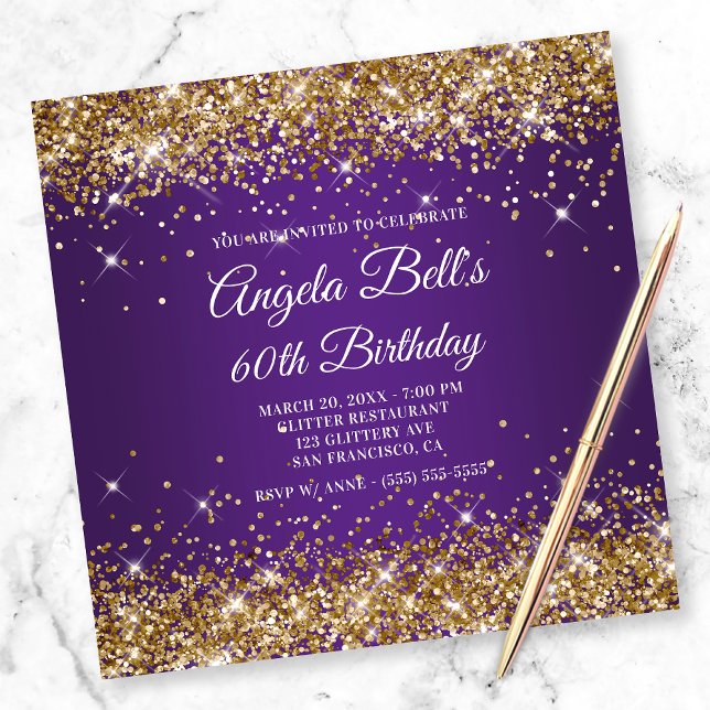 Sparkly Gold Glitter Royal Purple 60th Birthday Invitation (Creator Uploaded)