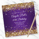 Sparkly Gold Glitter Royal Purple 80th Birthday Invitation<br><div class="desc">An elegant monogrammed 80th birthday invitation for her. Faux shiny gold glitter girly glam with sparkles against a royal purple ombre graphic image. The fancy classic flourish calligraphy monogram on the backside can be customised. A great for a Mardi Gras or masquerade theme birthday party for her. All the shiny...</div>