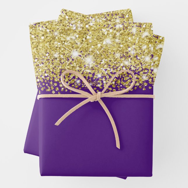 Sparkly Gold Glitter Royal Purple Faux  Wrapping Paper Sheet (In situ)