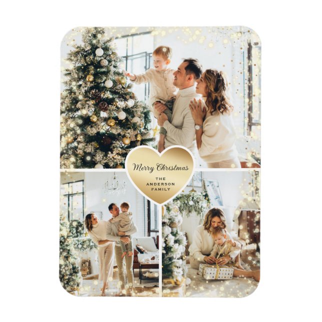 Sparkly Gold Heart Photo Merry Christmas Magnet (Vertical)
