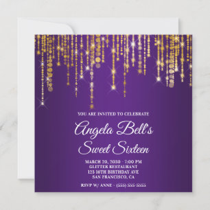 Sparkly Gold Lights Royal Purple Sweet Sixteen Invitation