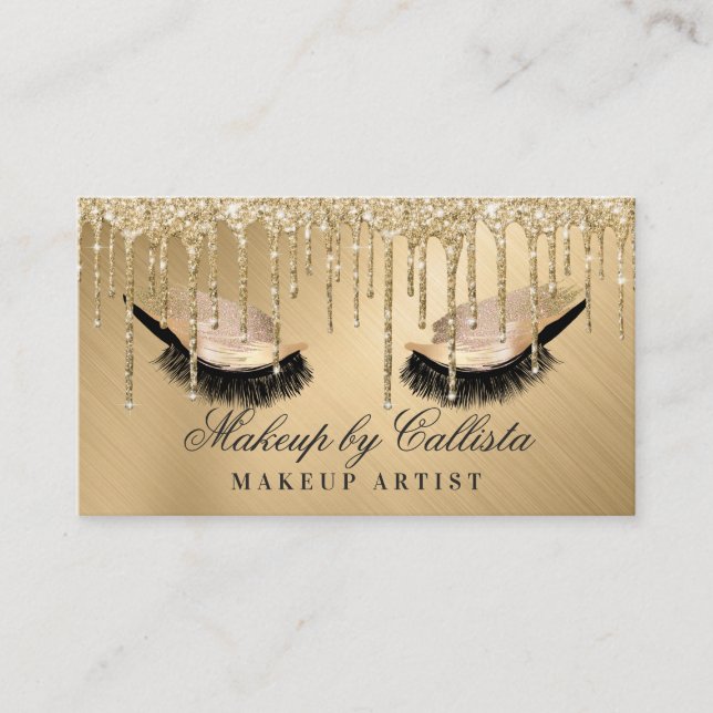 Sparkly Gold Metallic Glitter Drips Makeup Lashes Business Card (Front)