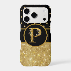 Sparkly Gold & Polka Dots on Black Monogram P