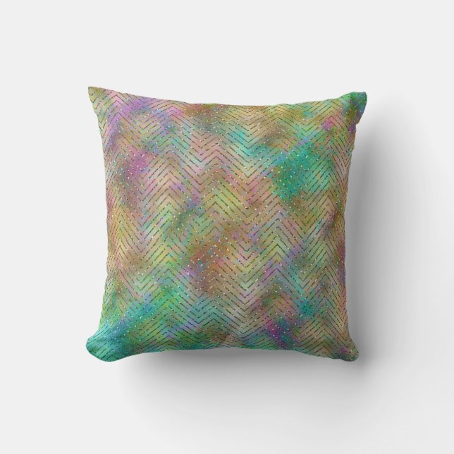 Sparkly Gold Rainbow Lights Chevron Pattern Print Cushion (Front)