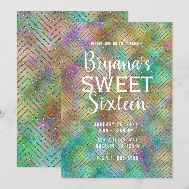 Sparkly Gold Rainbow Lights Chevron Sweet 16 Party Invitation (Front/Back)