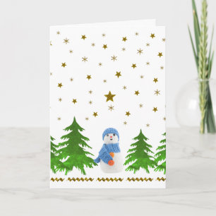 Sparkly gold stars, snowman and green tree holiday card