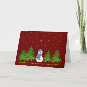 Sparkly gold stars, snowman and green tree holiday card