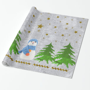 Sparkly gold stars, snowman and green tree wrapping paper