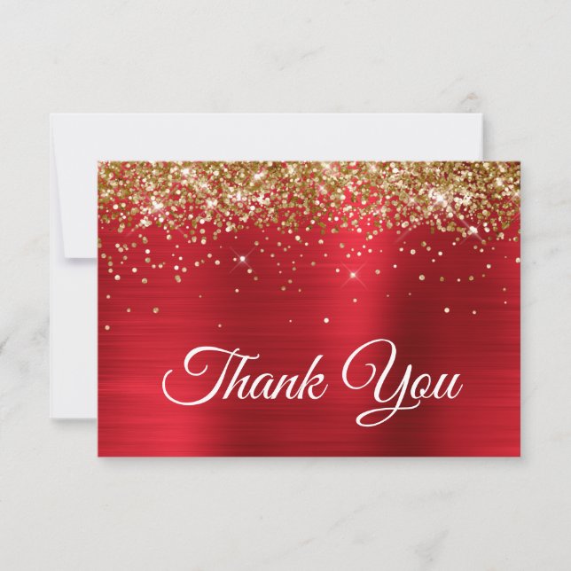 Sparkly Golden Glitter Red Satin Ombre Foil Thank You Card (Front)