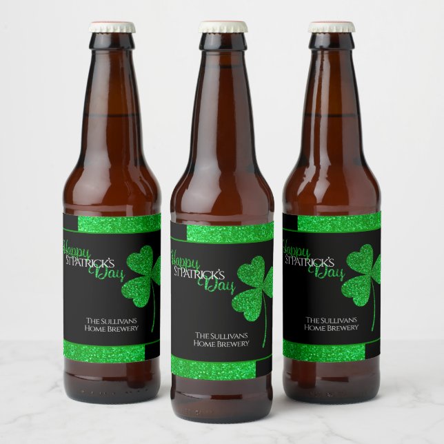 Sparkly Green Shamrock St Patrick Personalised Beer Bottle Label (Bottles)