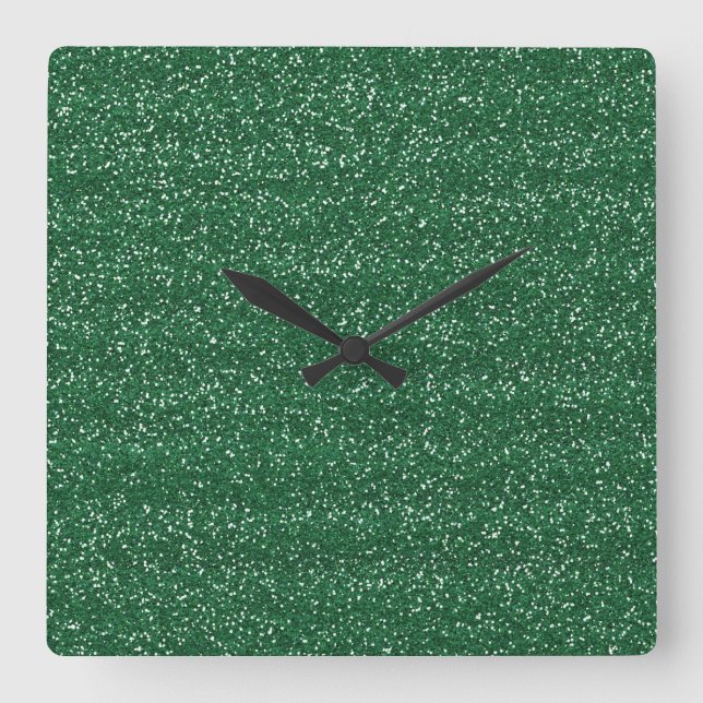 Sparkly Green & Silver Glitter Square Wall Clock (Front)