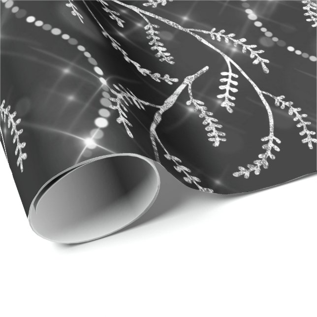 Sparkly Grey  Black Laurel Floral Silver Diamonds Wrapping Paper (Roll Corner)