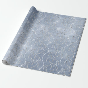Sparkly Grey Blue Laurel Floral Silver Diamonds Wrapping Paper