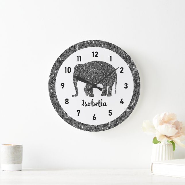 Sparkly grey Elephant Custom name Large Clock (Home)