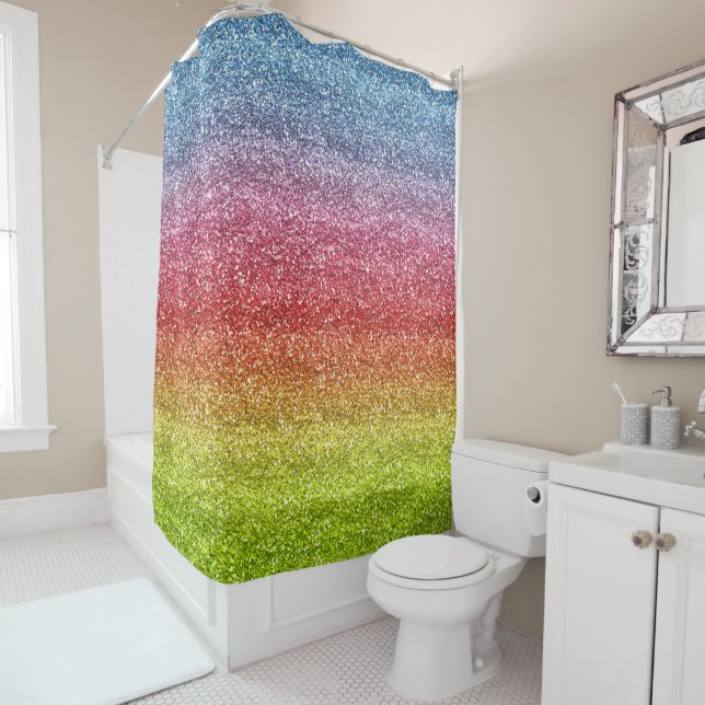 Sparkly Grey, Red & Yellow Gradient Glitter Shower Curtain (In Situ)