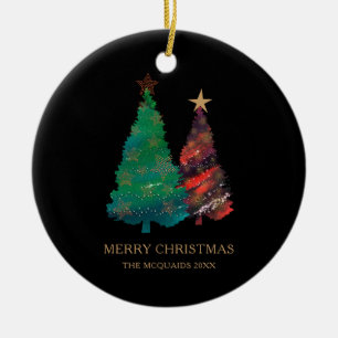 Sparkly Hand Painted Watercolor Christmas Trees Ceramic Ornament