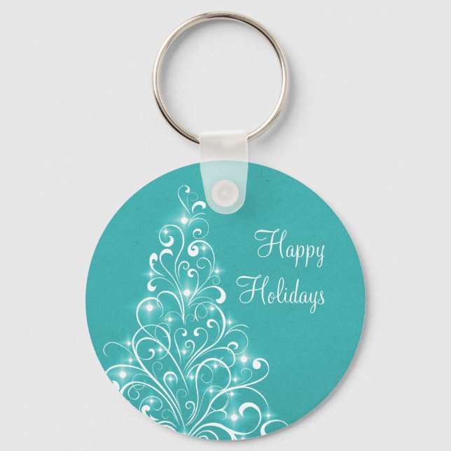 Sparkly Holiday Tree Keychain, Aqua Key Ring (Front)