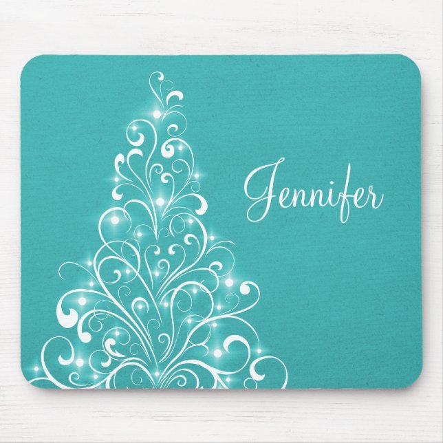 Sparkly Holiday Tree Mousepad, Aqua Mouse Pad (Front)